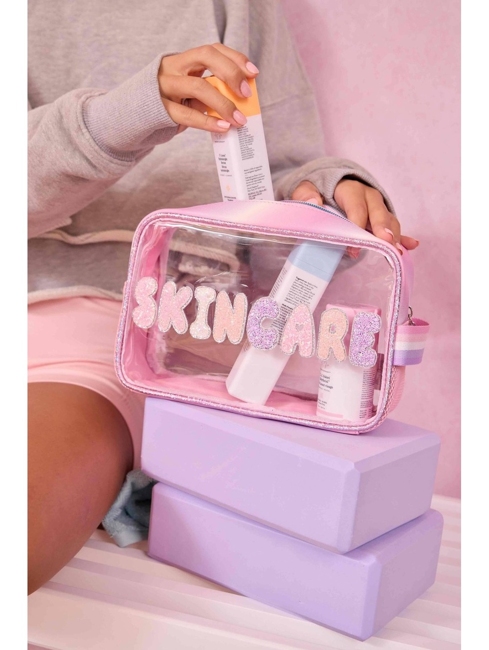 OMG Accessories Skincare Clear Cosmetic Pouch Pink Glitter Makeup Bag NWT